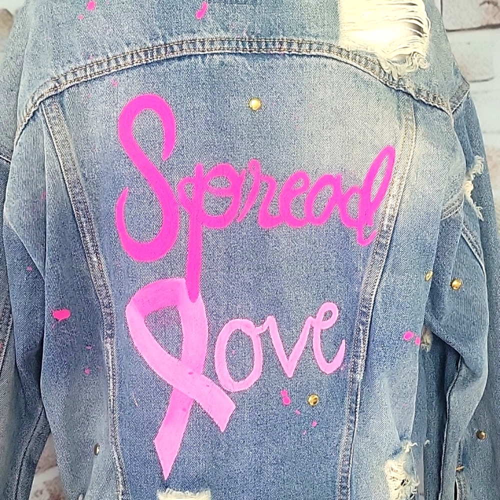 Custom Upcycled Pink Ribbon Jean Jacket S/M Breast Cancer 🎀 - Picture 2 of 12
